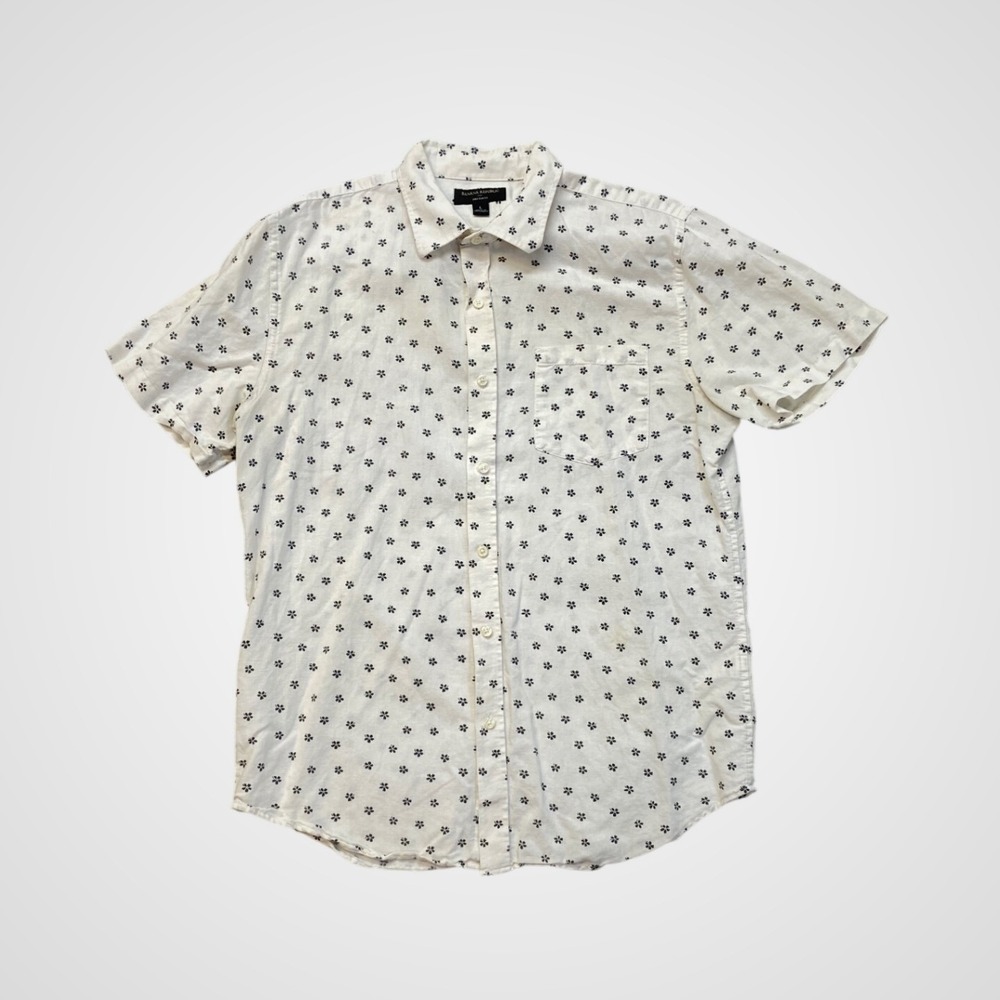 Banana Republic Shirt Mens L White Excellent Linen Slim Fit Floral Short Sleeve